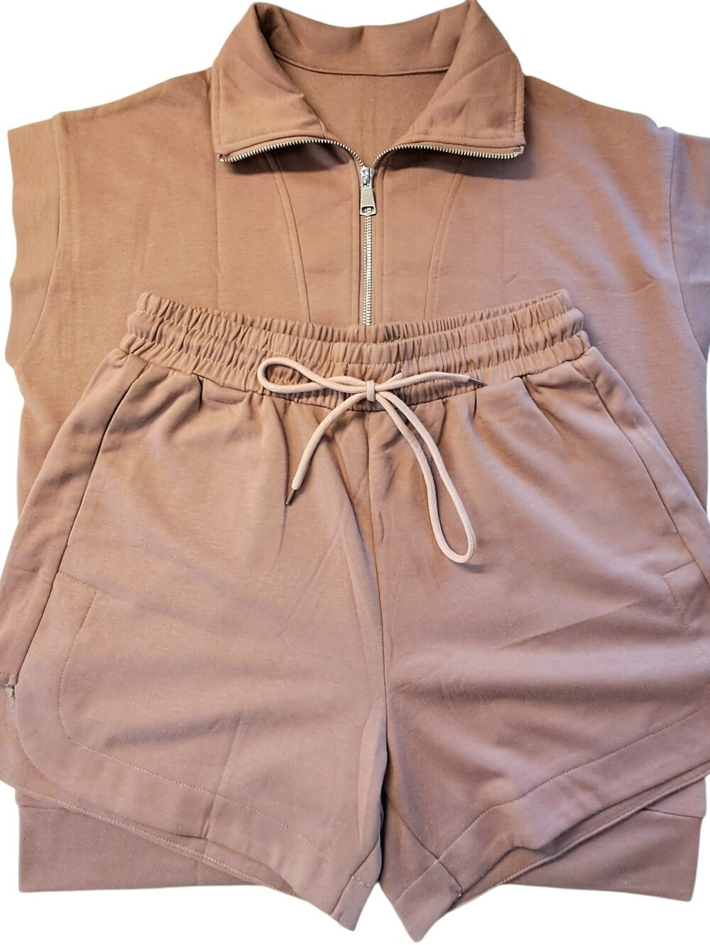 Kissmoda Women's Coffee Brown 2 Piece Lounge Set Sleeveless 1/4 Zip & Shorts